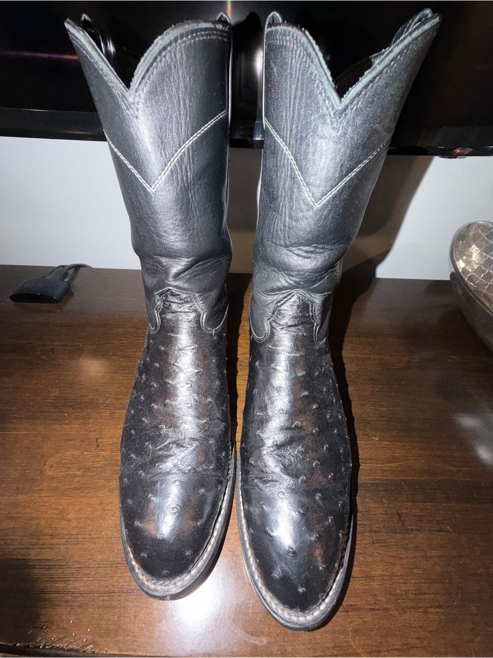 Men's Black Western Ostrich-Style Leather Boots